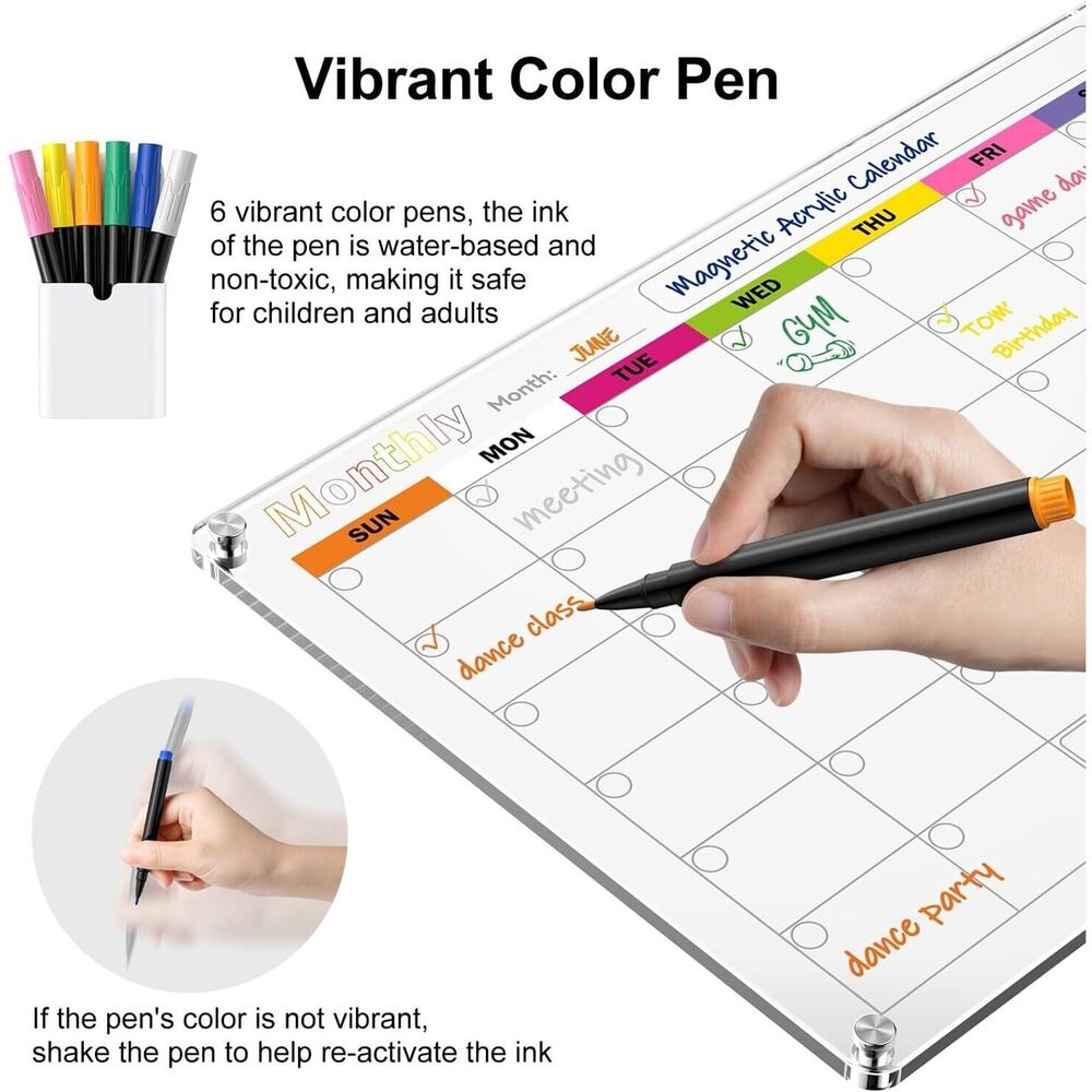 2 Pack Magnetic Fridge Calendar Acrylic Dry Erase Board Monthly Weekly 5 Markers - Picture 4 of 6